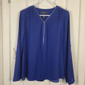 INC International Concepts Cobalt Blue Zip-Front Blouse Workwear Size M